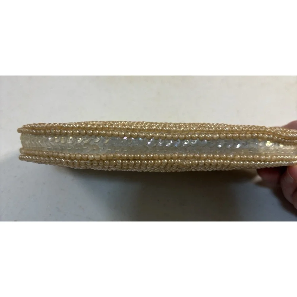 David's Import Clutch Purse Bag Cream Sequin Bead Zip Phone Size Japan Nice Vtg